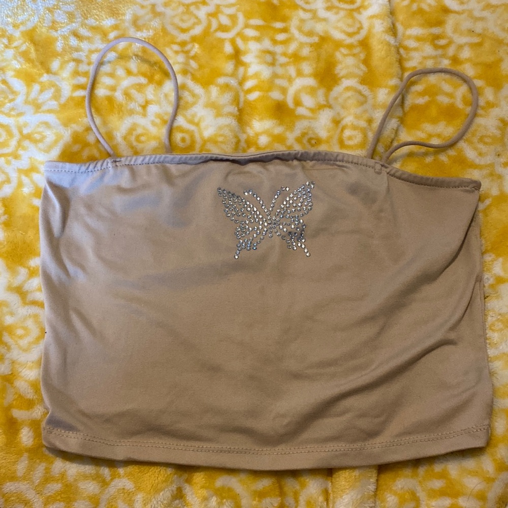 tan rhinestone butterfly crop top